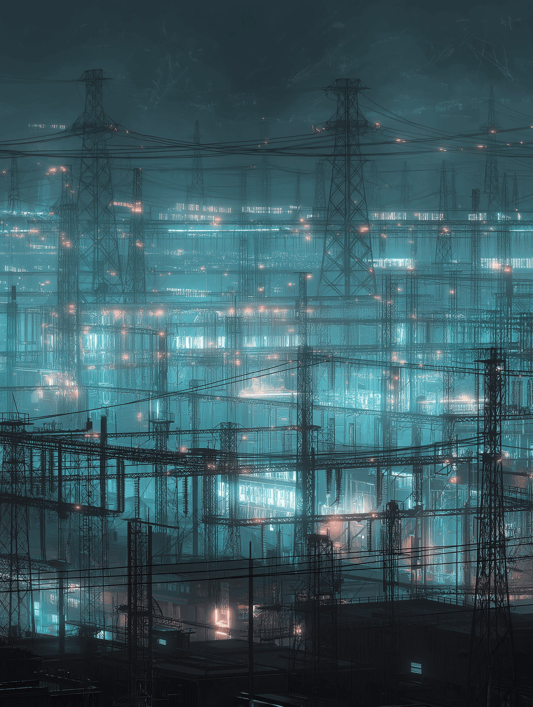 Electrical grid schematic with substations as neon points of light switching off one by one in sequence