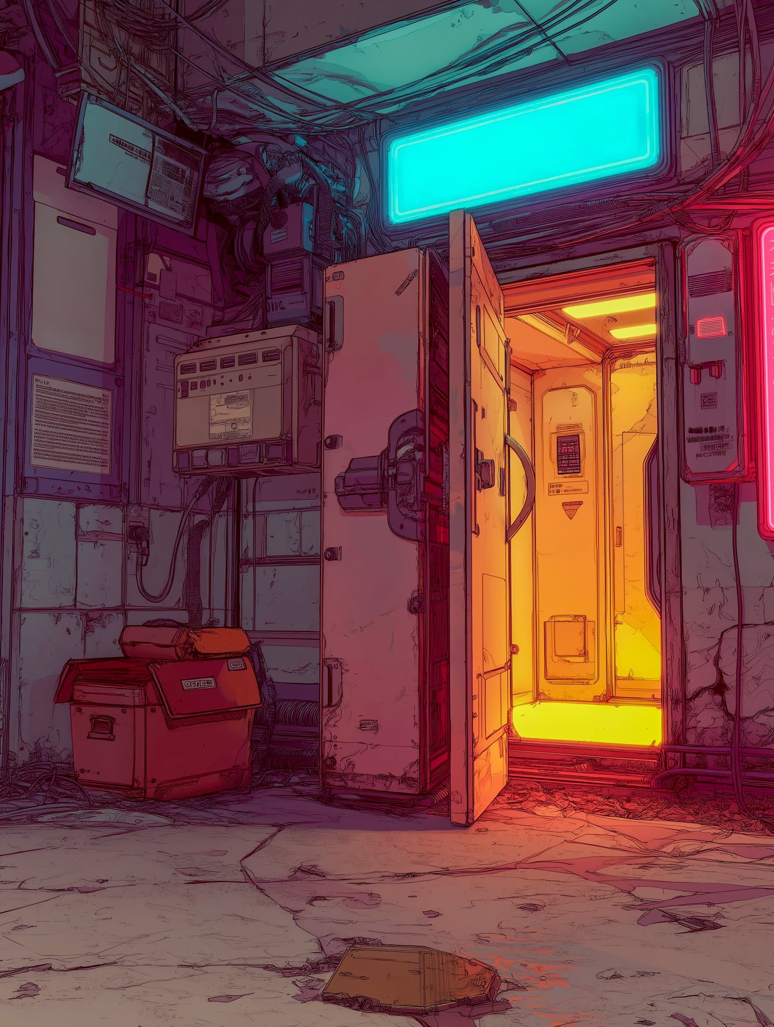 Open vault door glowing gold, empty inside, cyberpunk server room