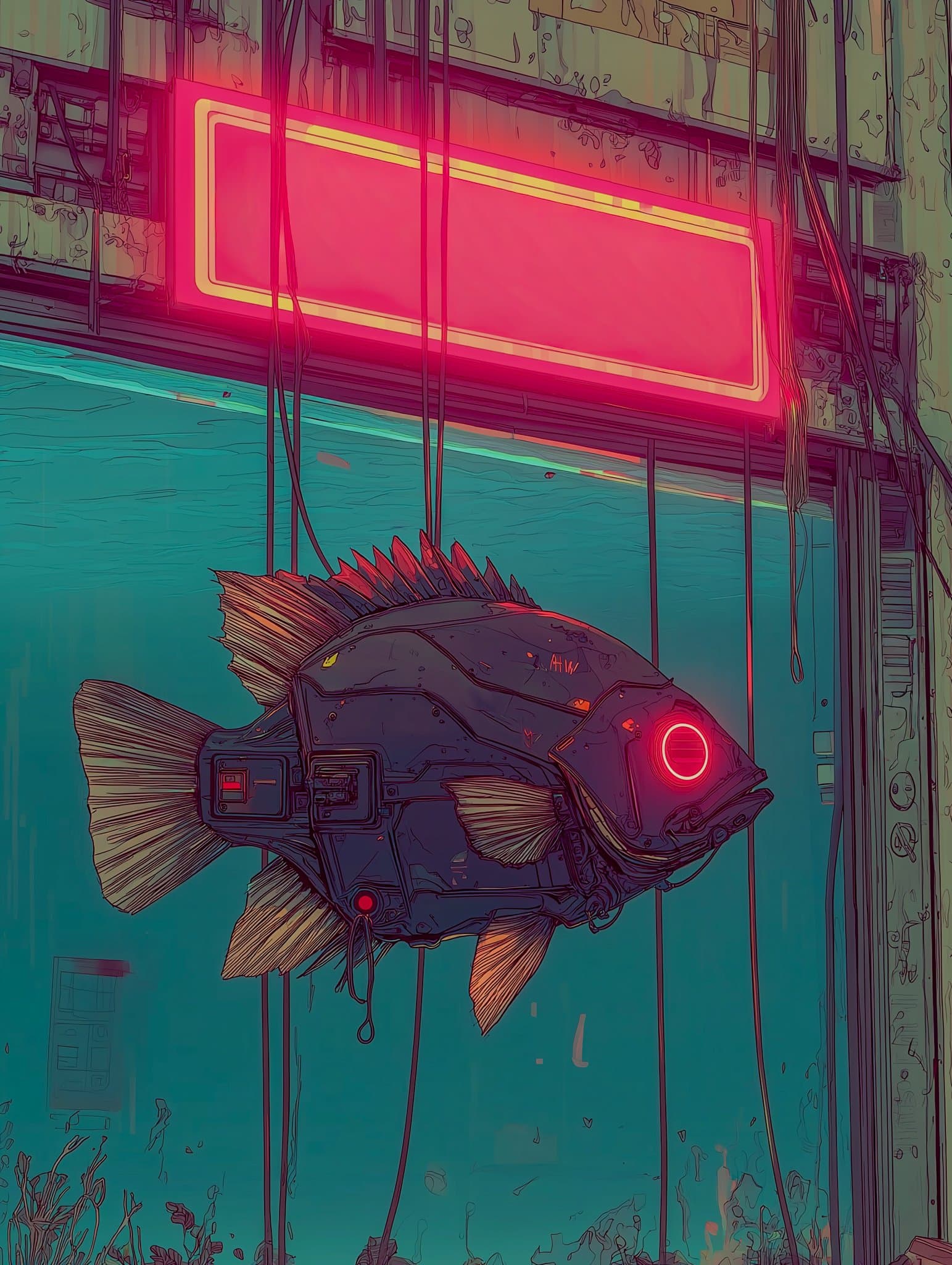 Mechanical fish with glowing red eye in dark water