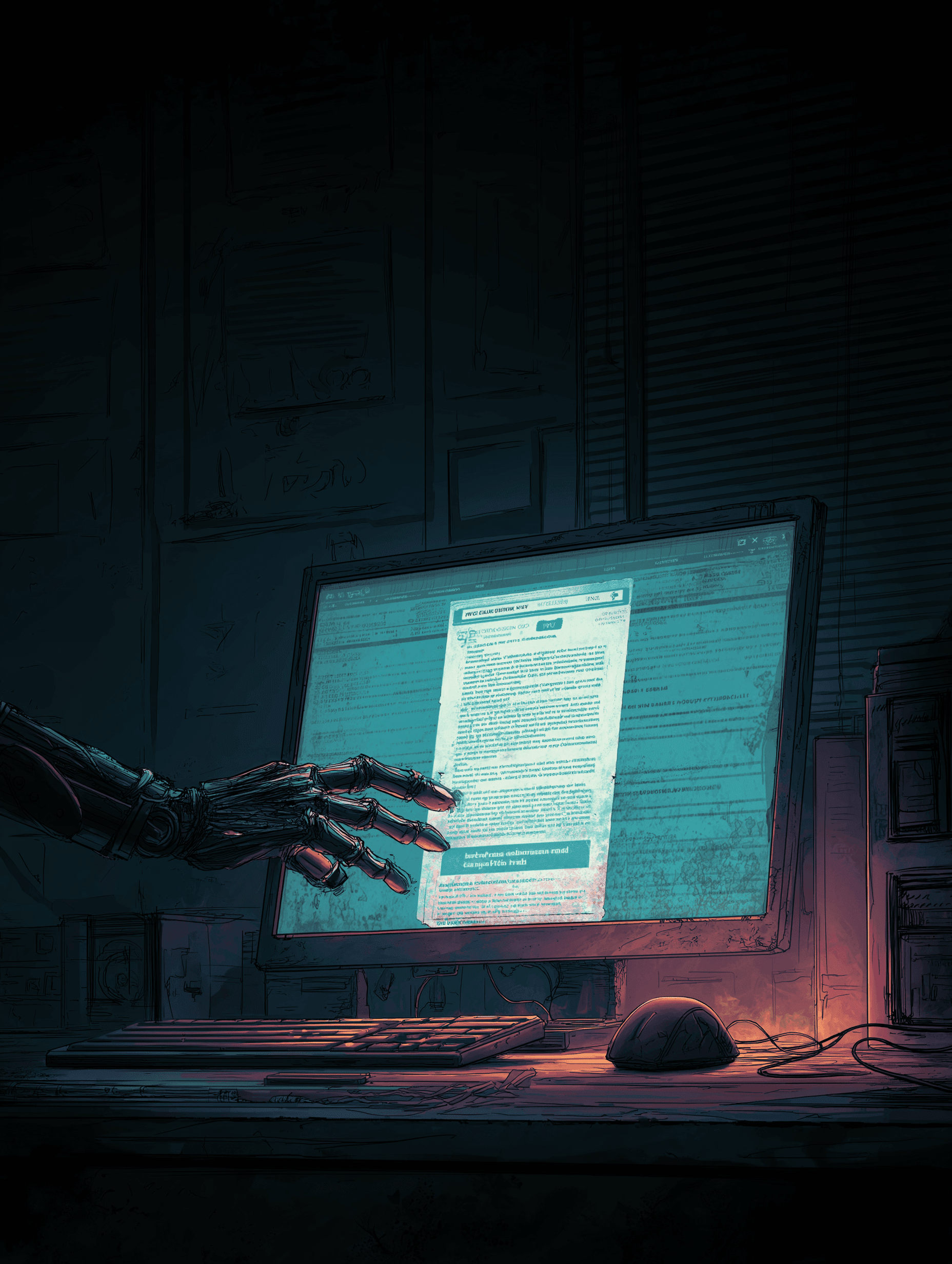 Close up of a computer monitor showing an open email with an attached document, a hand reaching toward the mouse