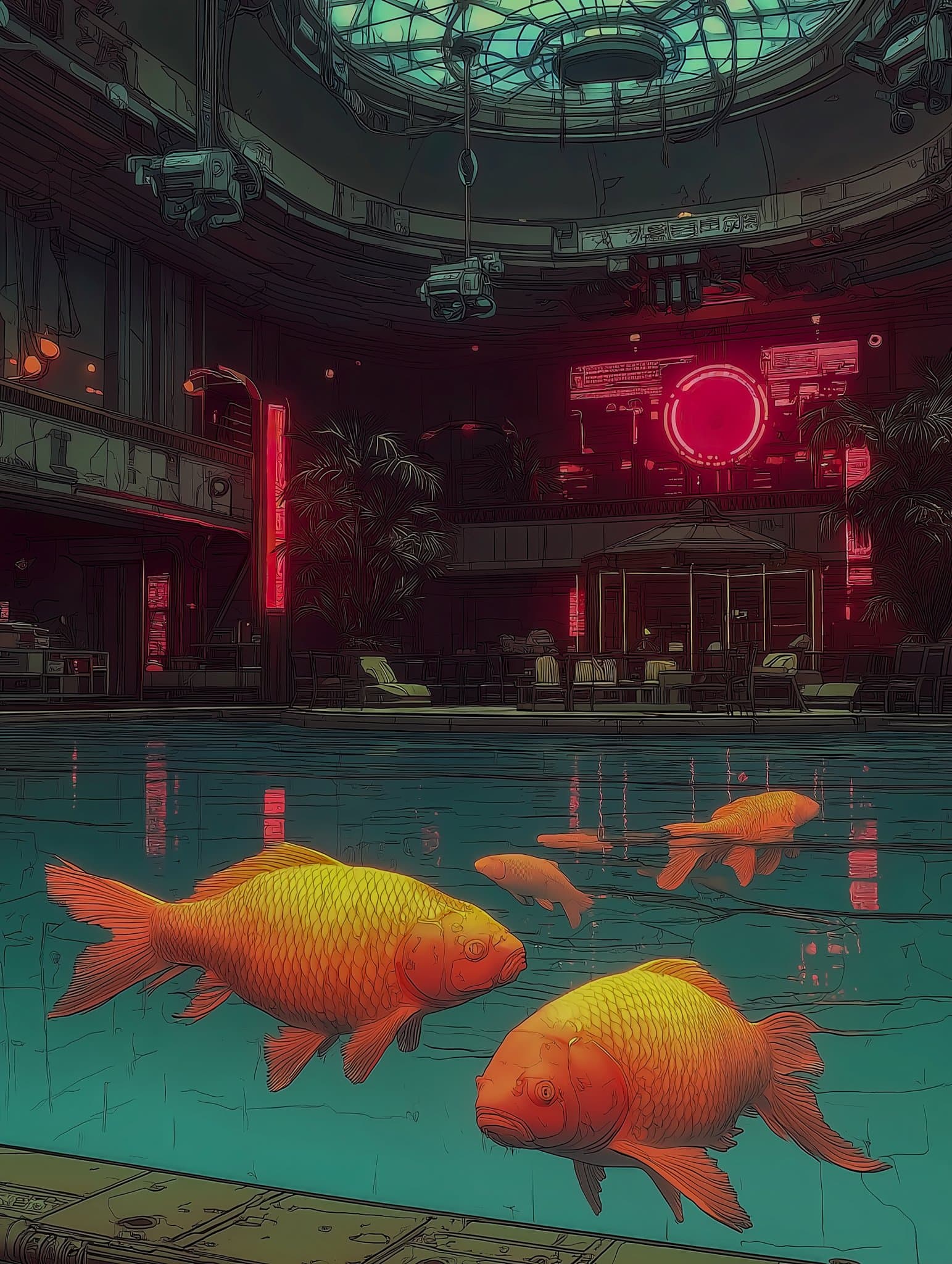 Casino aquarium with surveillance cameras overhead