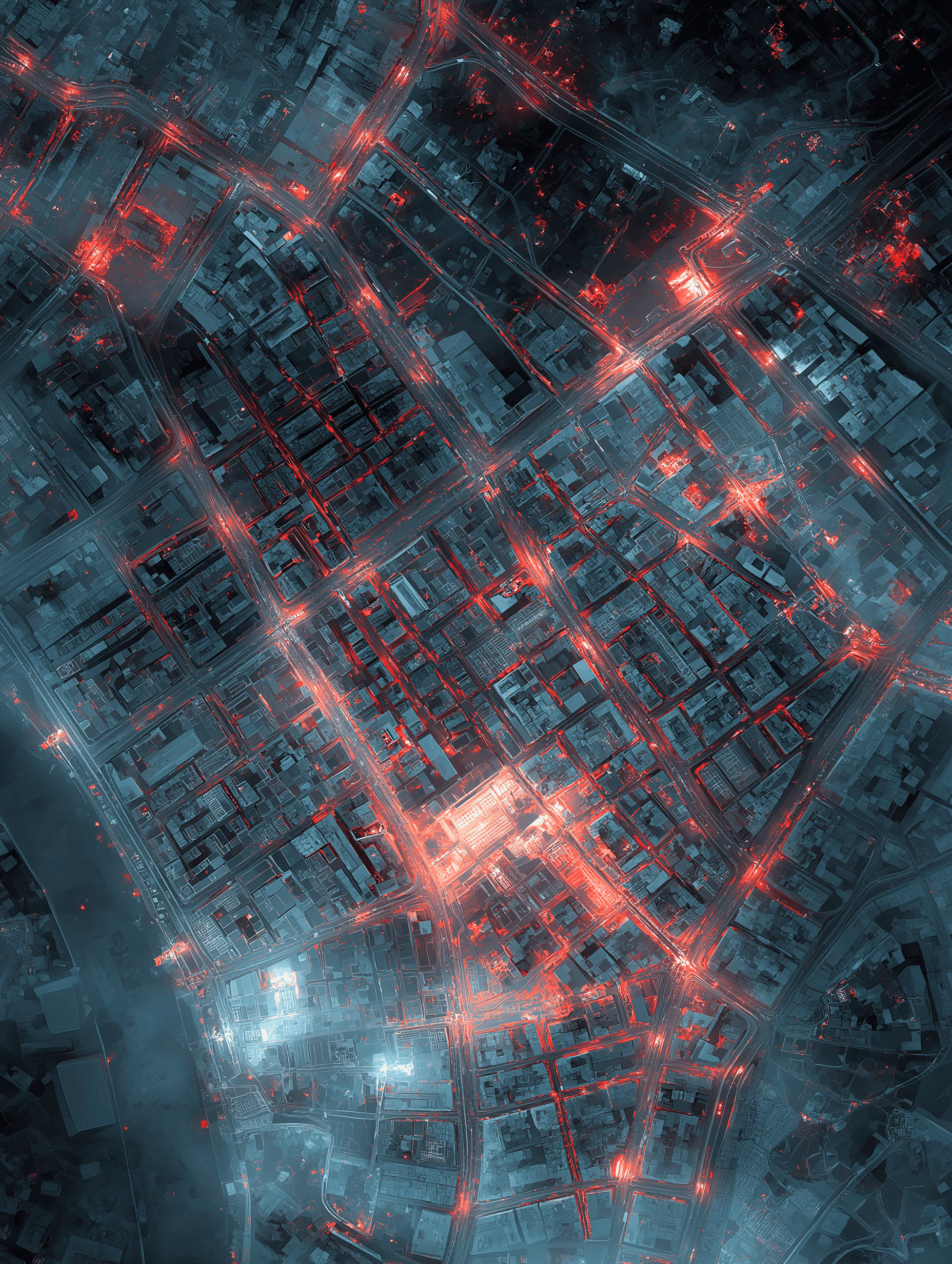 Aerial view of Ukrainian city at night, blocks and neighborhoods losing power one by one, windows going dark