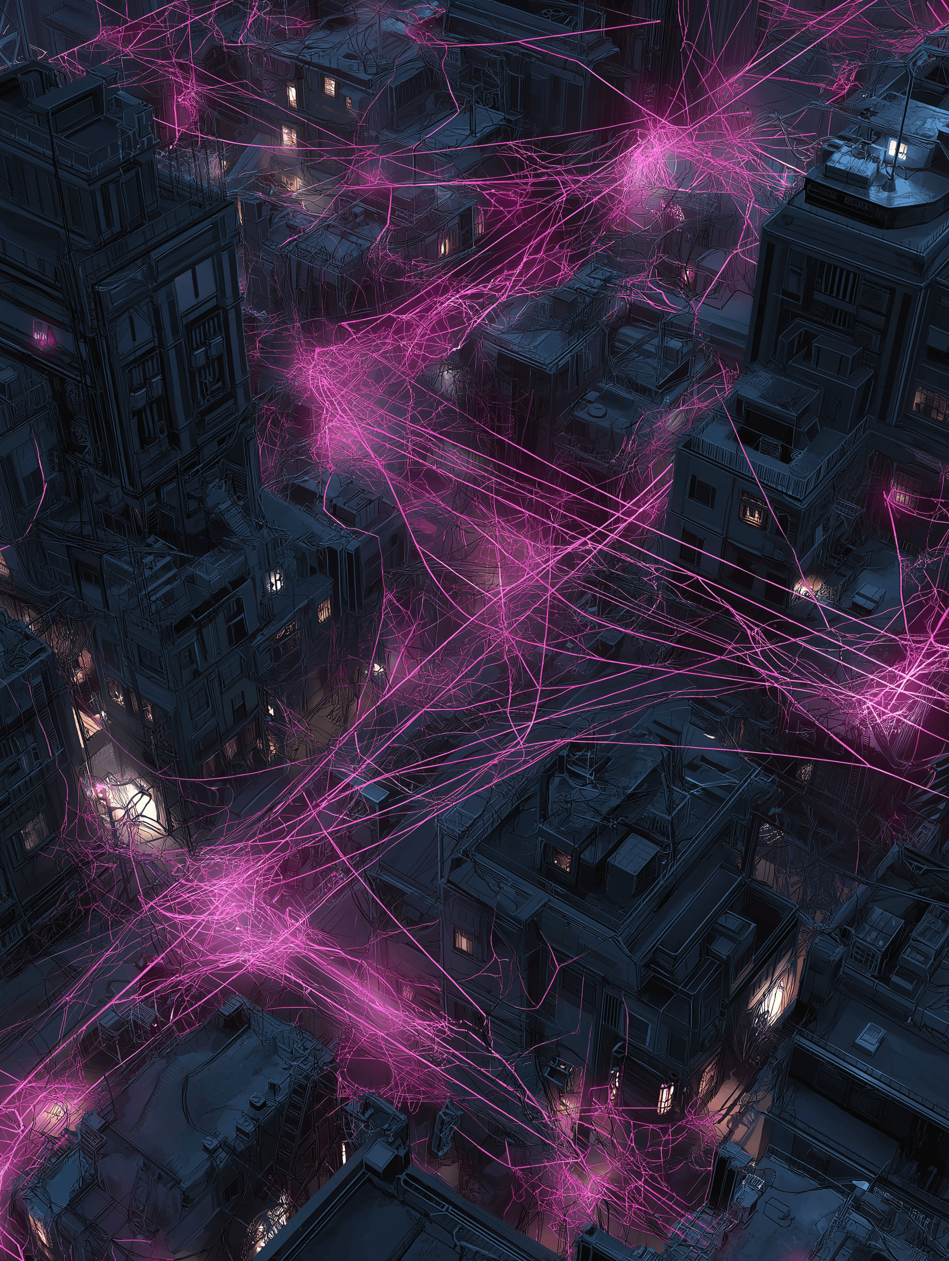 Dark network diagram with glowing threads moving silently between nodes, a shadowy presence navigating unseen
