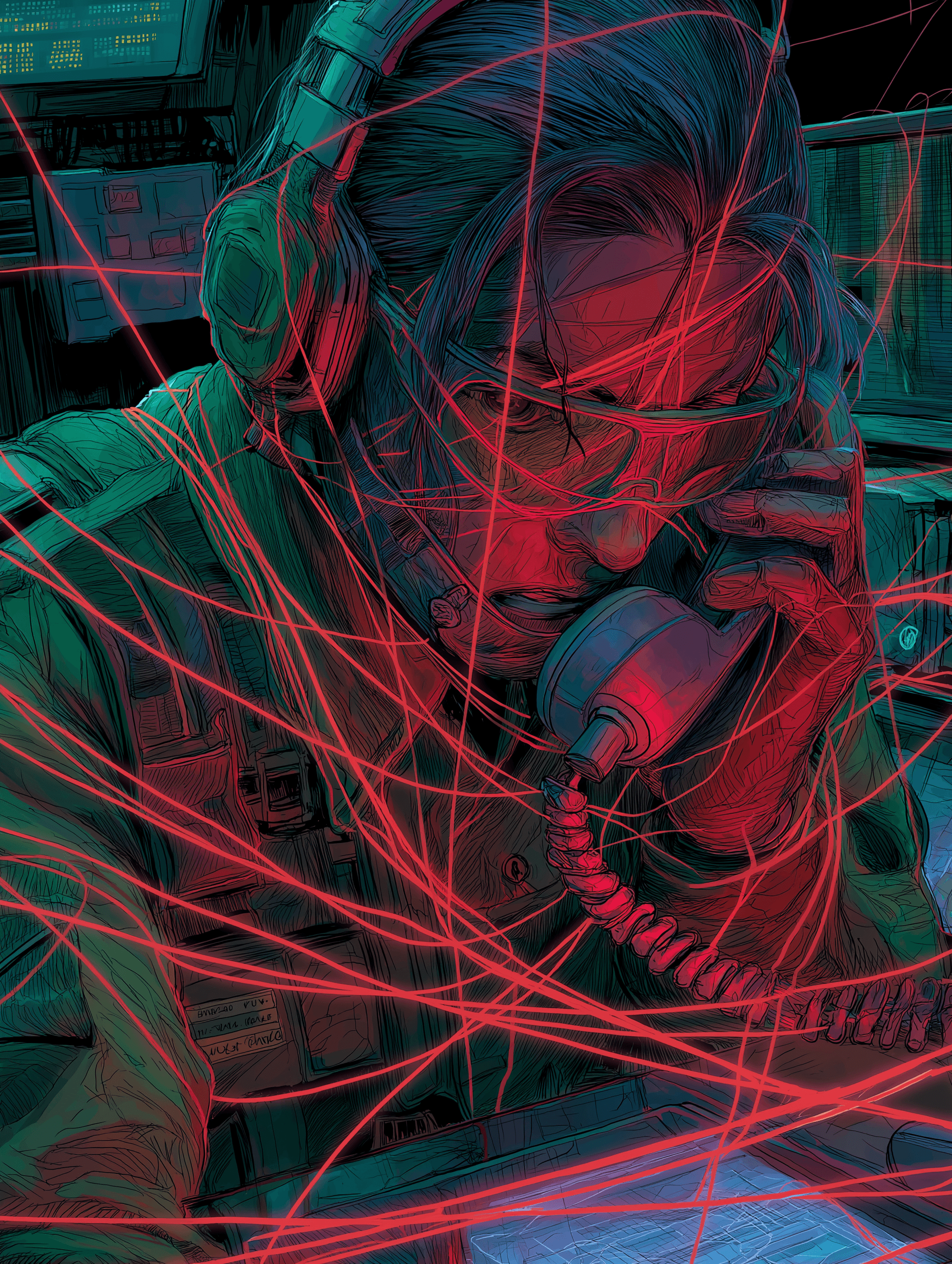 Operator at a telephone receiver, expression of desperation, phone lines jammed and overloaded simultaneously