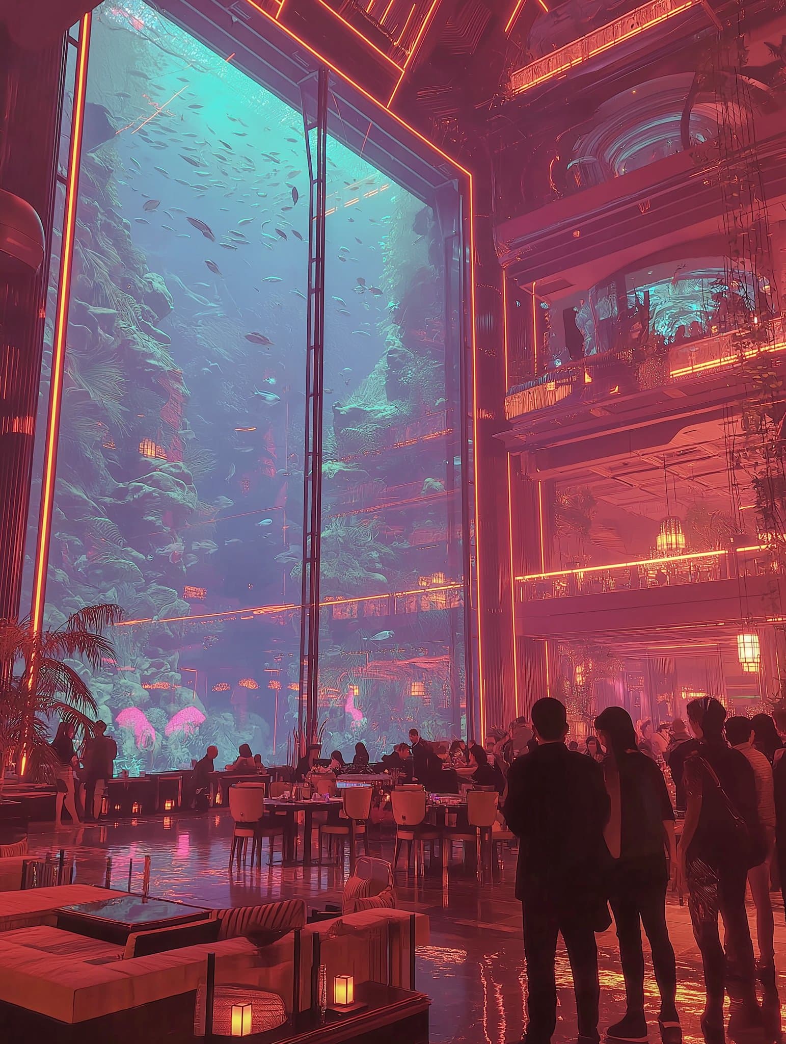 Grand casino lobby with floor-to-ceiling aquarium