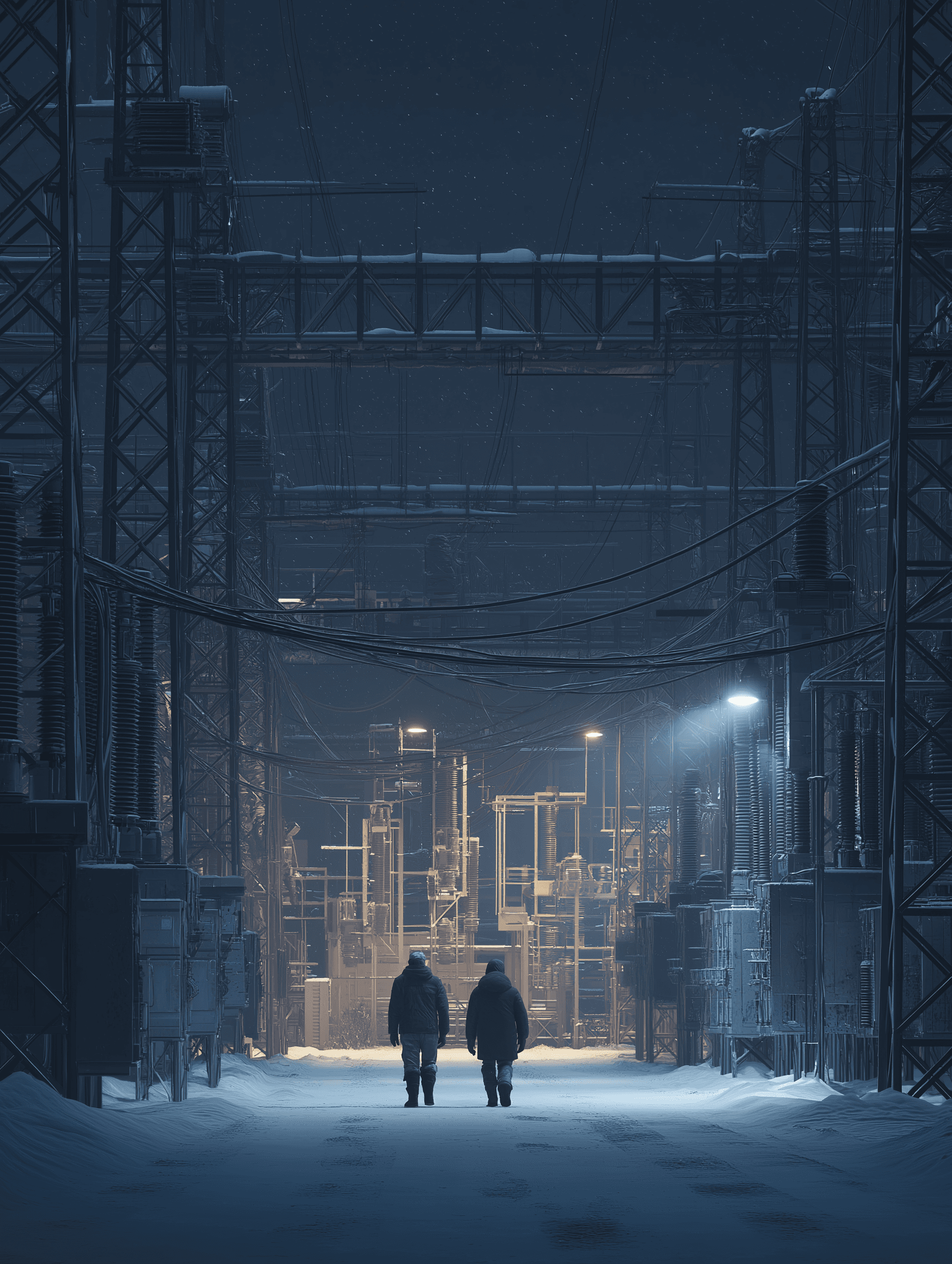 Utility technicians in heavy winter coats walking a dark substation at night, flashlights cutting through darkness