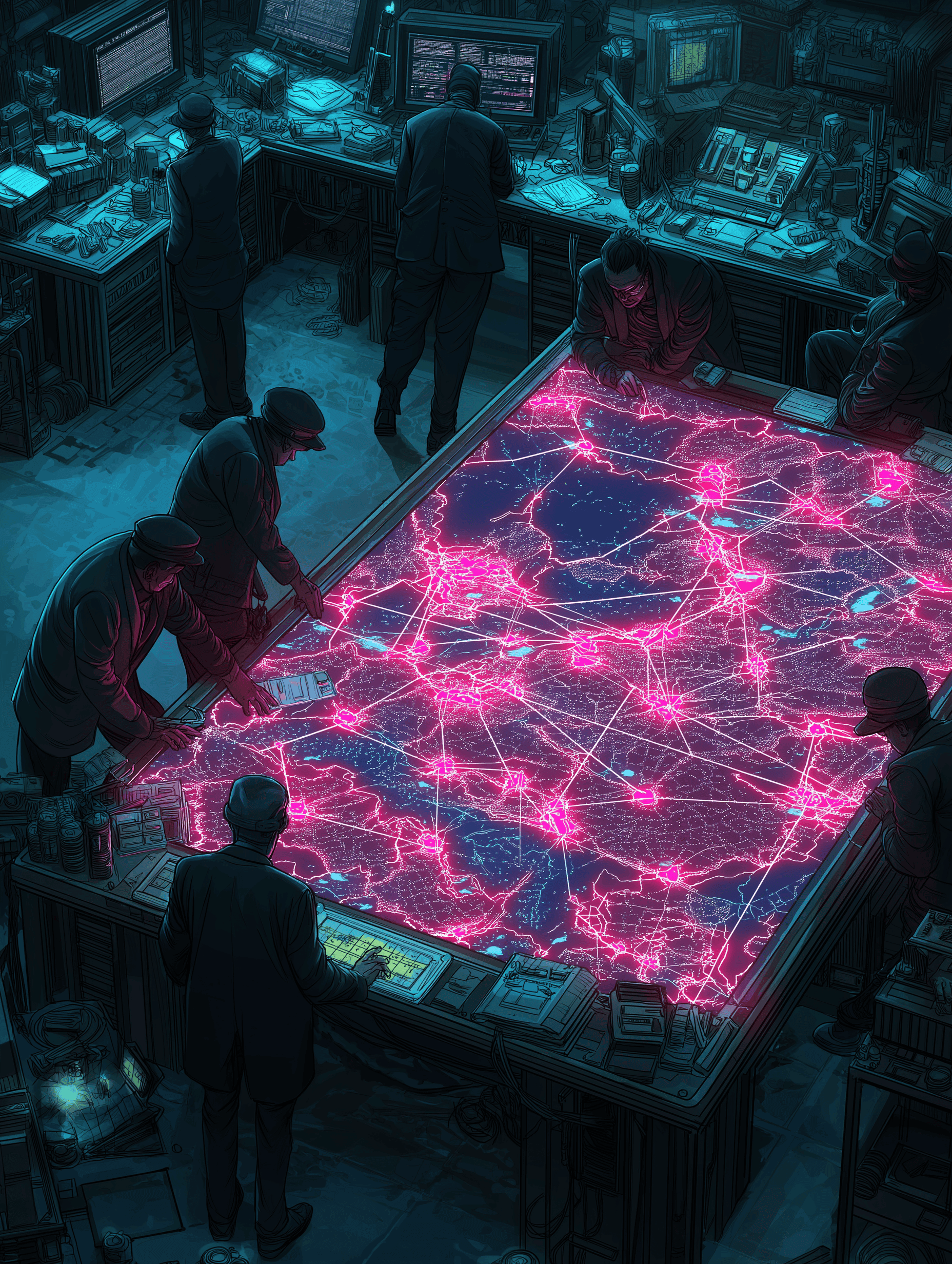 Dark war room with a glowing grid map of Ukraine, shadowy figures pointing at substation targets