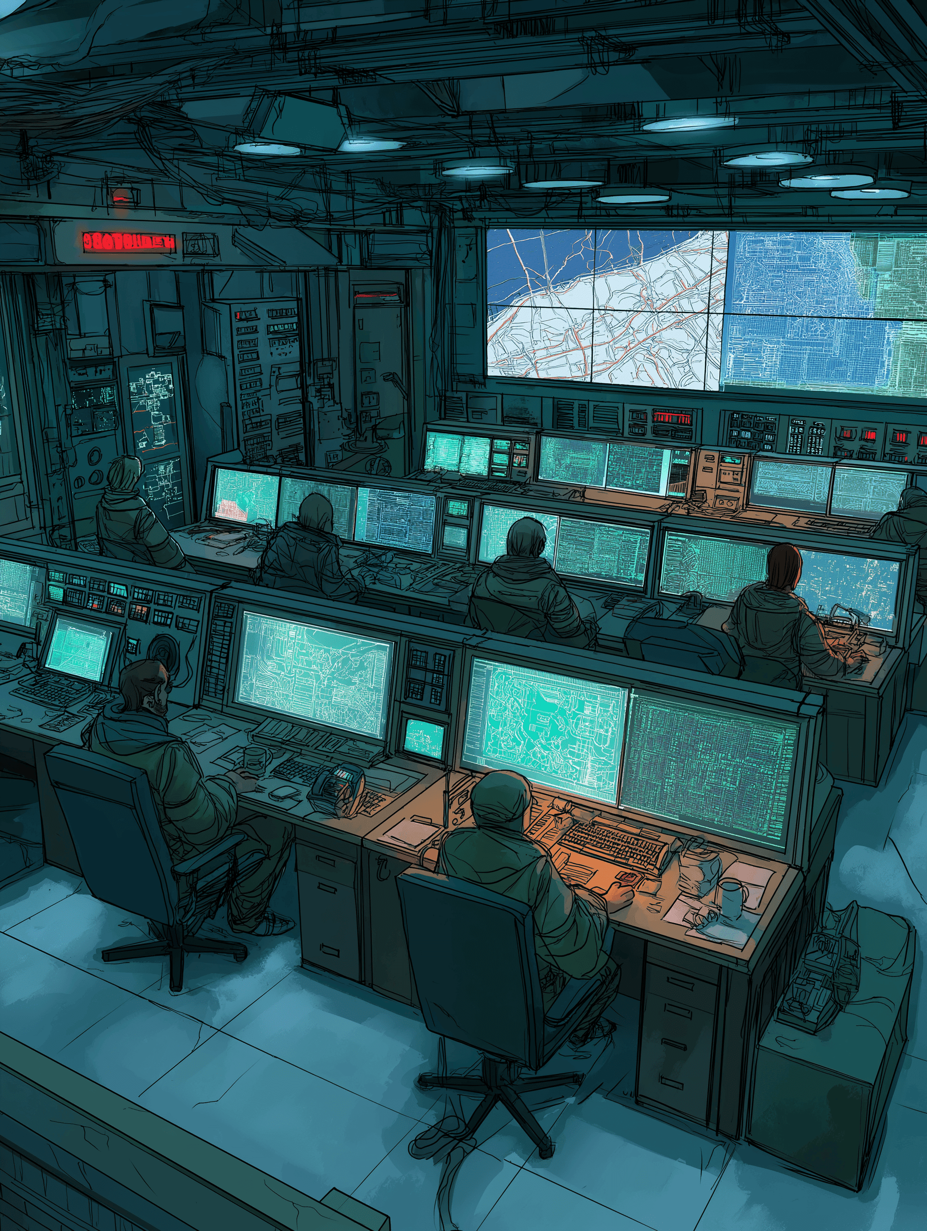 Ukrainian power utility control room on a winter evening, operators at their stations, monitors glowing