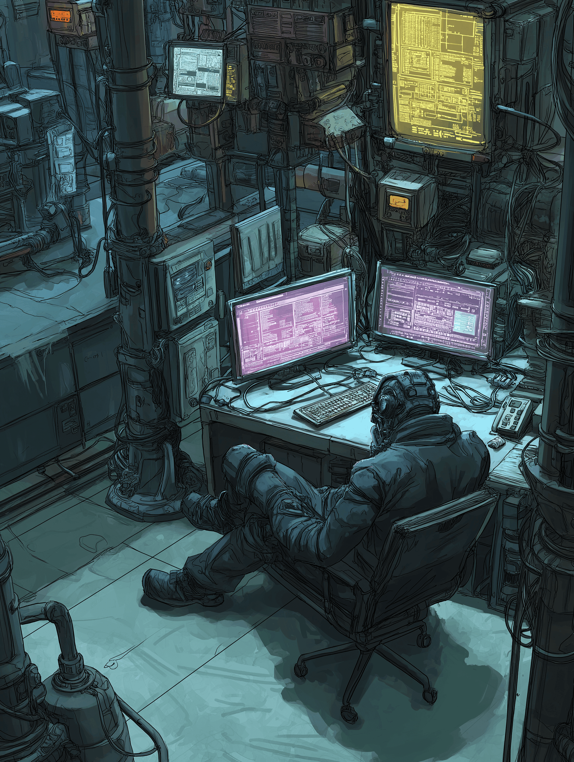Power utility operator sitting at workstation, hands in lap not touching anything, cursor moving on screen on its own
