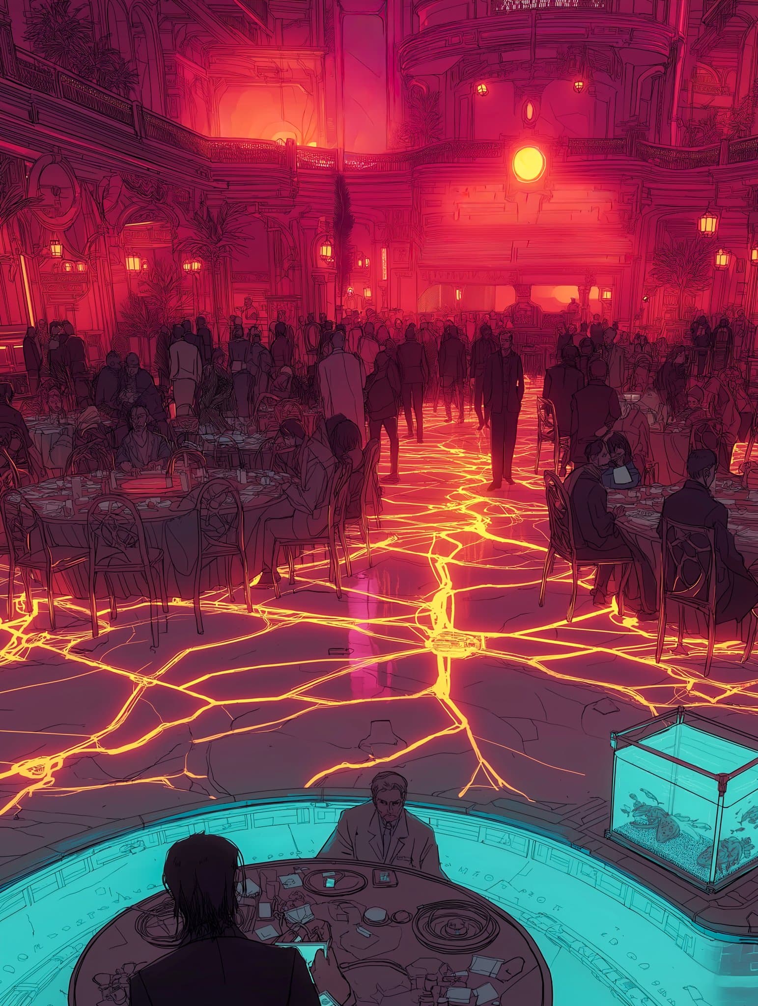 Casino floor connected by glowing gold threads